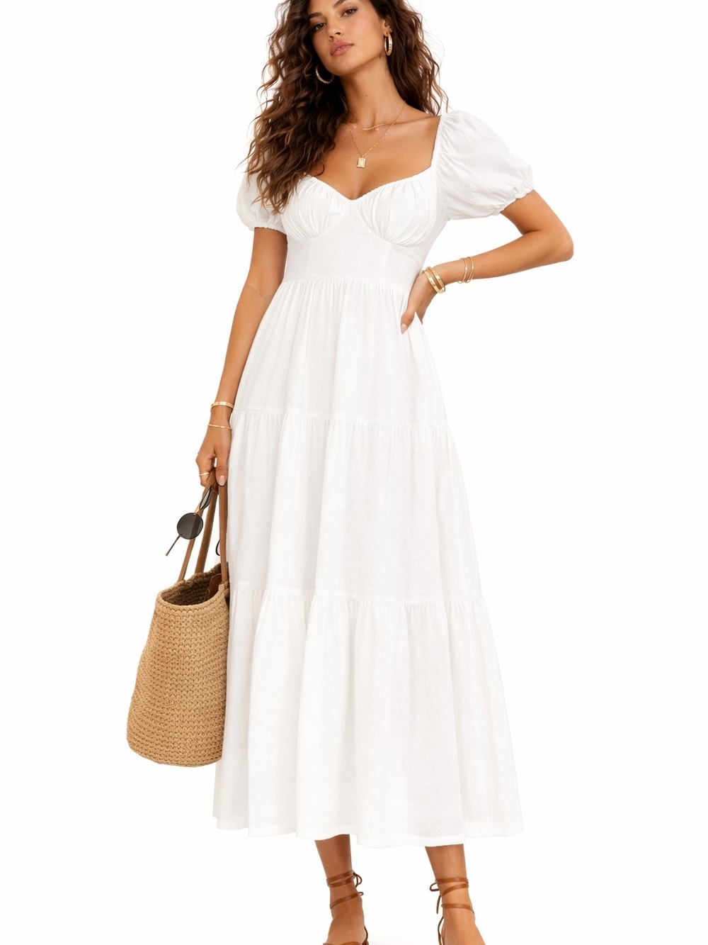 Forever 21 White Puff-Sleeve Tiered Maxi Dress